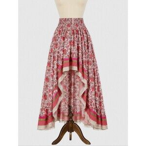 Boho Pink Green Floral High Low Smocked Waist Handkerchief Hem Chic Maxi Skirt